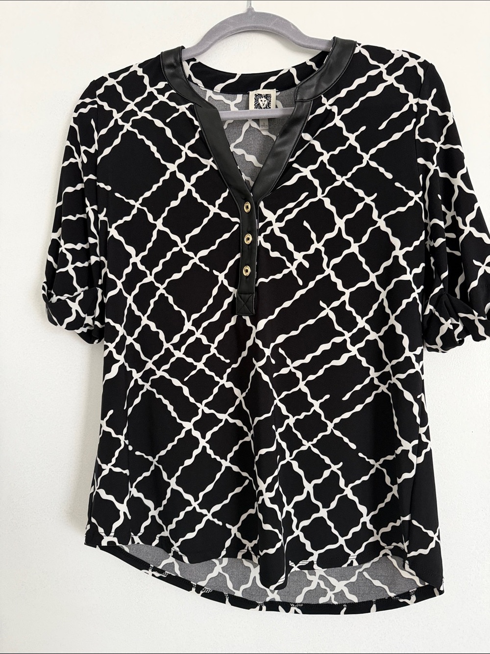 Anne Klein Black and White Geometric Henley Top with Faux Leather Trim
